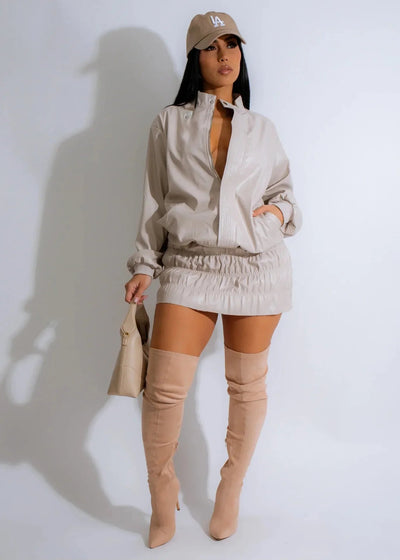 Women Mini Ruched Skirts Set +Full Sleeve PU Leather Jackets Two 2 Piece Set Outfits 2025 Fall Casual Street Night Club - MAGUSTA BEAUTY