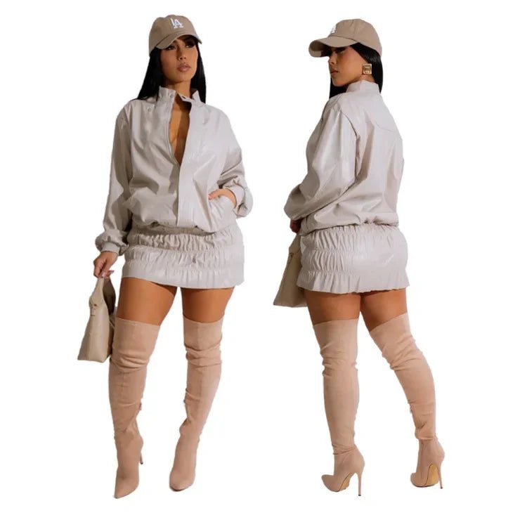 Women Mini Ruched Skirts Set +Full Sleeve PU Leather Jackets Two 2 Piece Set Outfits 2025 Fall Casual Street Night Club - MAGUSTA BEAUTY