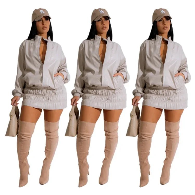 Women Mini Ruched Skirts Set +Full Sleeve PU Leather Jackets Two 2 Piece Set Outfits 2025 Fall Casual Street Night Club - MAGUSTA BEAUTY