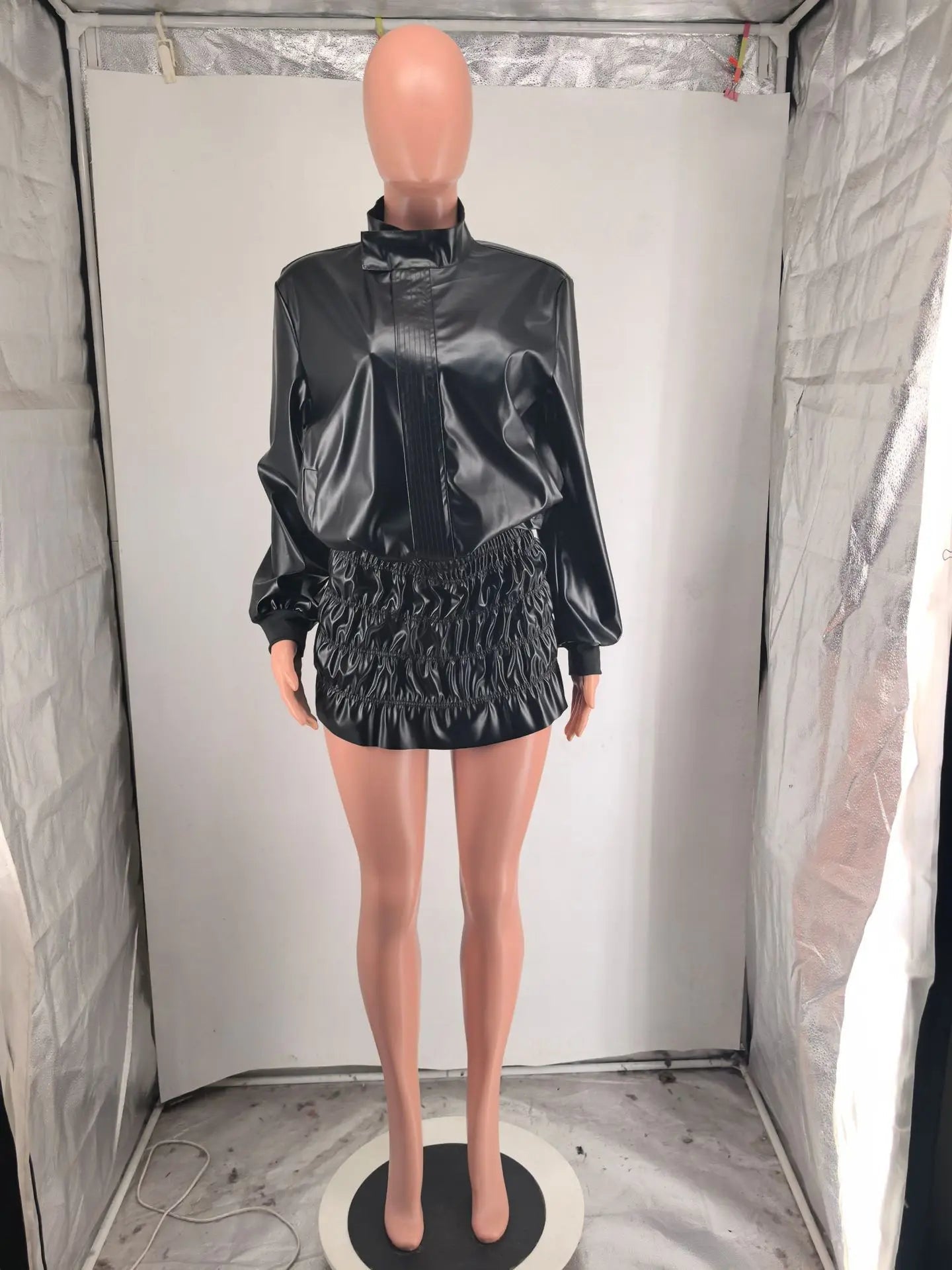 Women Mini Ruched Skirts Set +Full Sleeve PU Leather Jackets Two 2 Piece Set Outfits 2025 Fall Casual Street Night Club - MAGUSTA BEAUTY