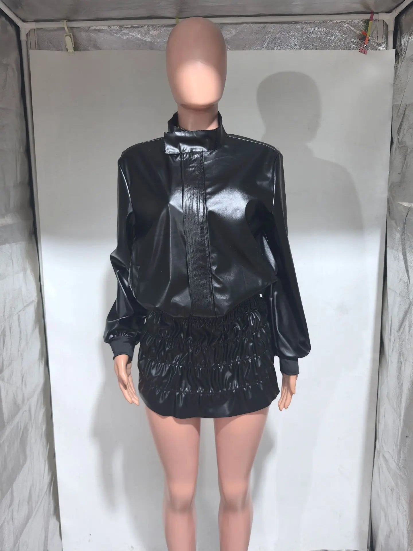 Women Mini Ruched Skirts Set +Full Sleeve PU Leather Jackets Two 2 Piece Set Outfits 2025 Fall Casual Street Night Club - MAGUSTA BEAUTY