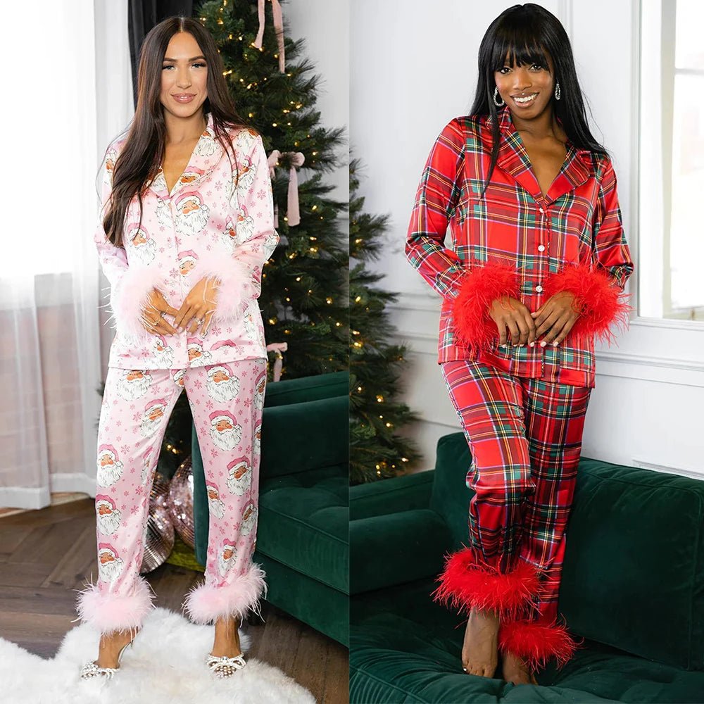 Women New Year Pajamas Set Christmas Party Loungewear Long Sleeve Feather Shirt Pants Sleepwear Santa Claus Night Wears Pyjamas - MAGUSTA BEAUTY