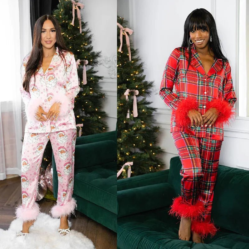 Women New Year Pajamas Set Christmas Party Loungewear Long Sleeve Feather Shirt Pants Sleepwear Santa Claus Night Wears Pyjamas - MAGUSTA BEAUTY
