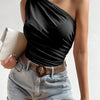 Women One Shoulder Pleated Tank Top Summer Solid Sleeveless Ruched T-shirt Streetwear Off the Shoulder Top - MAGUSTA BEAUTY