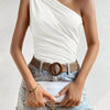 Women One Shoulder Pleated Tank Top Summer Solid Sleeveless Ruched T-shirt Streetwear Off the Shoulder Top - MAGUSTA BEAUTY