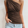 Women One Shoulder Pleated Tank Top Summer Solid Sleeveless Ruched T-shirt Streetwear Off the Shoulder Top - MAGUSTA BEAUTY