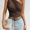 Women One Shoulder Pleated Tank Top Summer Solid Sleeveless Ruched T-shirt Streetwear Off the Shoulder Top - MAGUSTA BEAUTY