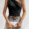 Women One Shoulder Pleated Tank Top Summer Solid Sleeveless Ruched T-shirt Streetwear Off the Shoulder Top - MAGUSTA BEAUTY