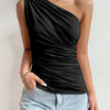 Women One Shoulder Pleated Tank Top Summer Solid Sleeveless Ruched T-shirt Streetwear Off the Shoulder Top - MAGUSTA BEAUTY