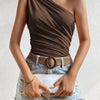 Women One Shoulder Pleated Tank Top Summer Solid Sleeveless Ruched T-shirt Streetwear Off the Shoulder Top - MAGUSTA BEAUTY