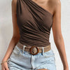 Women One Shoulder Pleated Tank Top Summer Solid Sleeveless Ruched T-shirt Streetwear Off the Shoulder Top - MAGUSTA BEAUTY