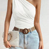 Women One Shoulder Pleated Tank Top Summer Solid Sleeveless Ruched T-shirt Streetwear Off the Shoulder Top - MAGUSTA BEAUTY
