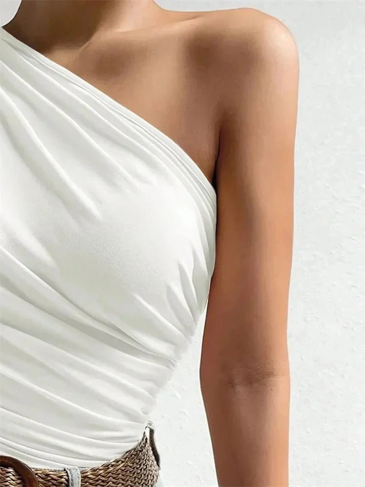 Women One Shoulder Pleated Tank Top Summer Solid Sleeveless Ruched T-shirt Streetwear Off the Shoulder Top - MAGUSTA BEAUTY