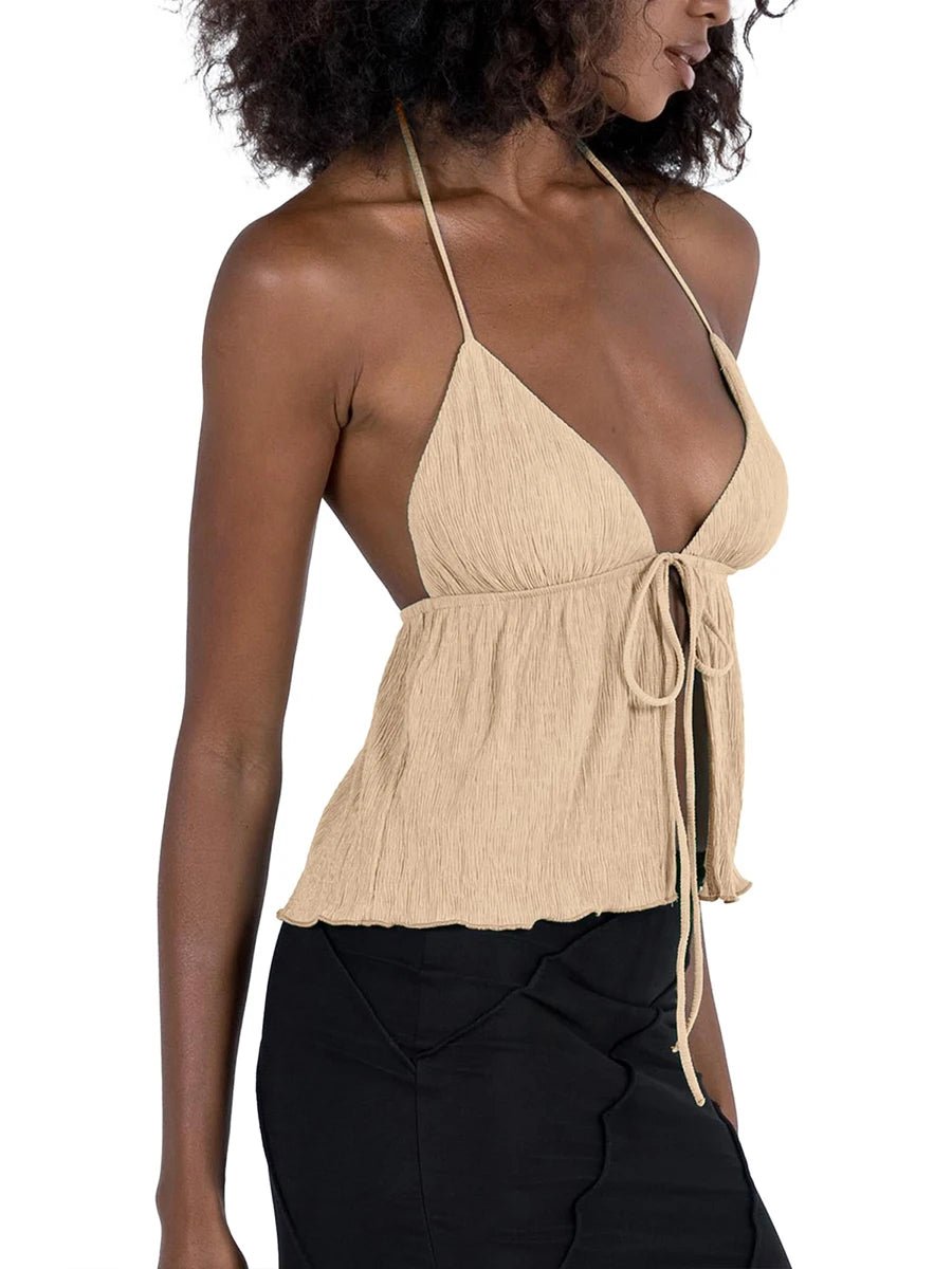 Women Sexy Halterneck Crop Tops Chic Summer Solid Color Bandage Open Front Backless Sleeveless Tank Tops for Club Streetwear Y2K - MAGUSTA BEAUTY