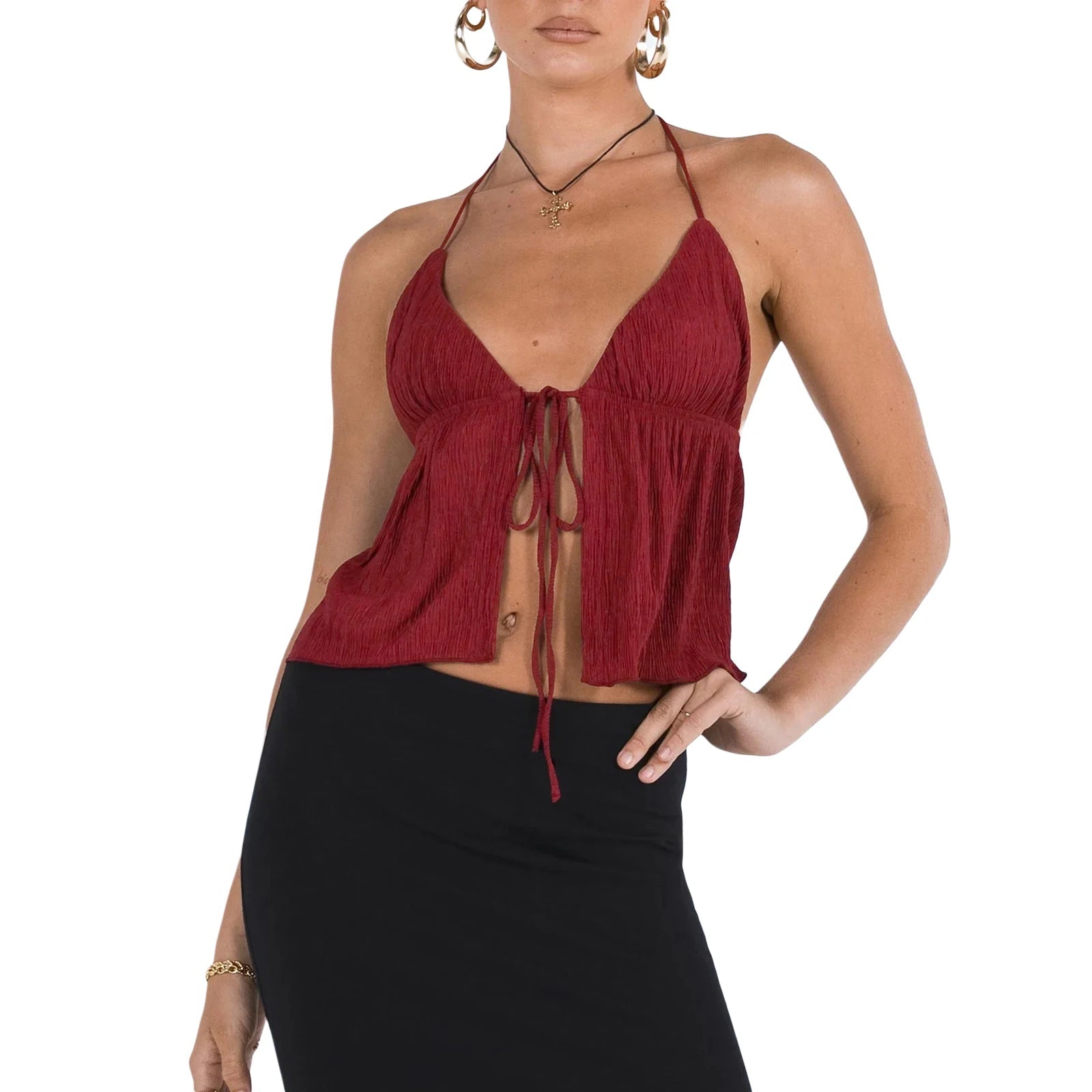 Women Sexy Halterneck Crop Tops Chic Summer Solid Color Bandage Open Front Backless Sleeveless Tank Tops for Club Streetwear Y2K - MAGUSTA BEAUTY