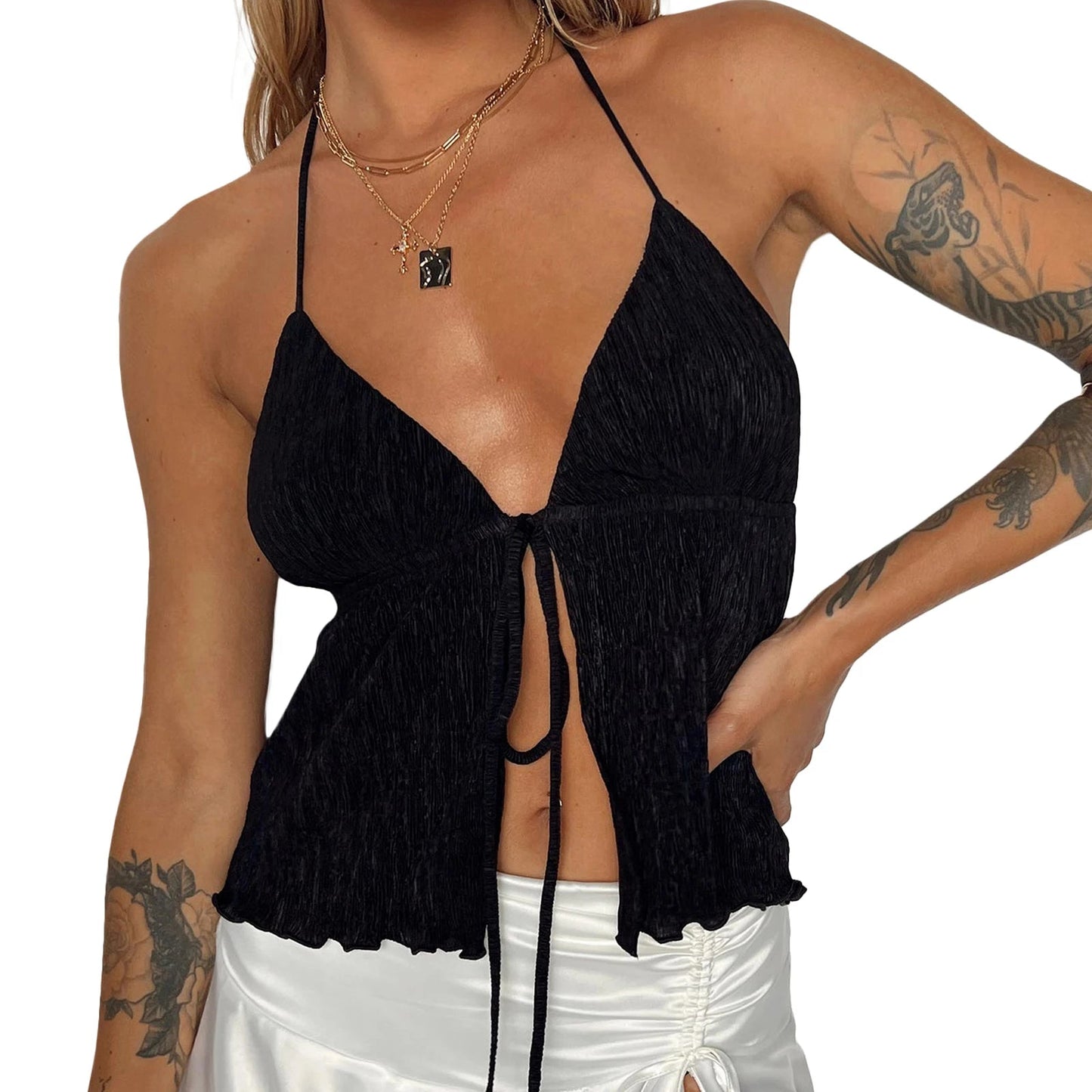 Women Sexy Halterneck Crop Tops Chic Summer Solid Color Bandage Open Front Backless Sleeveless Tank Tops for Club Streetwear Y2K - MAGUSTA BEAUTY