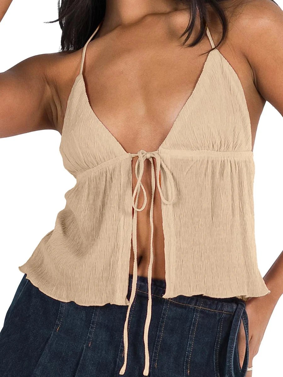 Women Sexy Halterneck Crop Tops Chic Summer Solid Color Bandage Open Front Backless Sleeveless Tank Tops for Club Streetwear Y2K - MAGUSTA BEAUTY