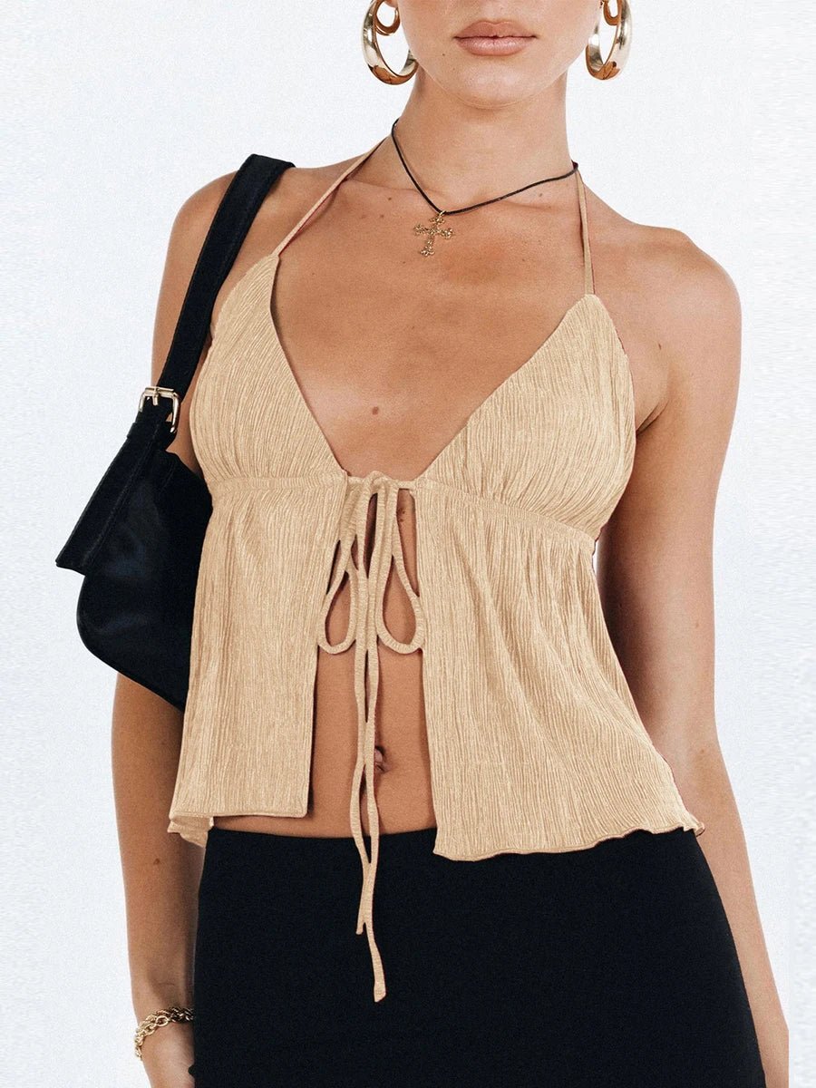 Women Sexy Halterneck Crop Tops Chic Summer Solid Color Bandage Open Front Backless Sleeveless Tank Tops for Club Streetwear Y2K - MAGUSTA BEAUTY