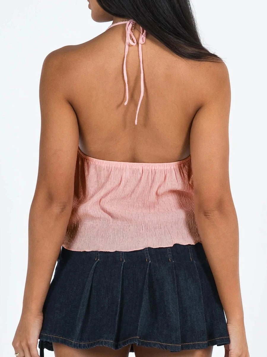 Women Sexy Halterneck Crop Tops Chic Summer Solid Color Bandage Open Front Backless Sleeveless Tank Tops for Club Streetwear Y2K - MAGUSTA BEAUTY