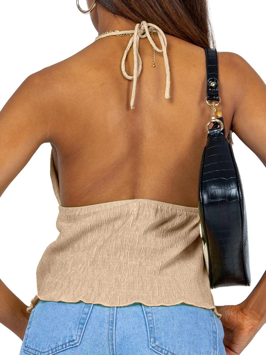 Women Sexy Halterneck Crop Tops Chic Summer Solid Color Bandage Open Front Backless Sleeveless Tank Tops for Club Streetwear Y2K - MAGUSTA BEAUTY