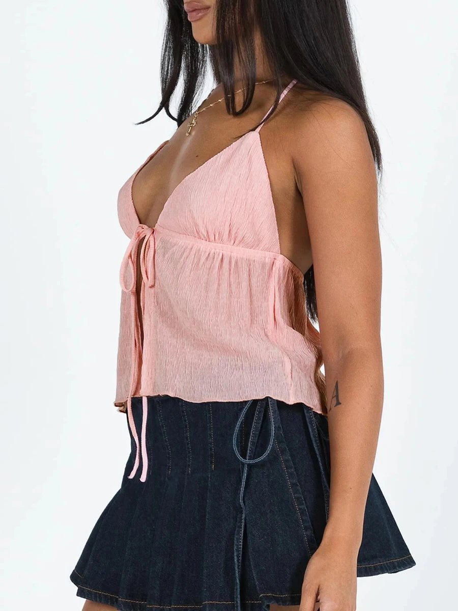 Women Sexy Halterneck Crop Tops Chic Summer Solid Color Bandage Open Front Backless Sleeveless Tank Tops for Club Streetwear Y2K - MAGUSTA BEAUTY