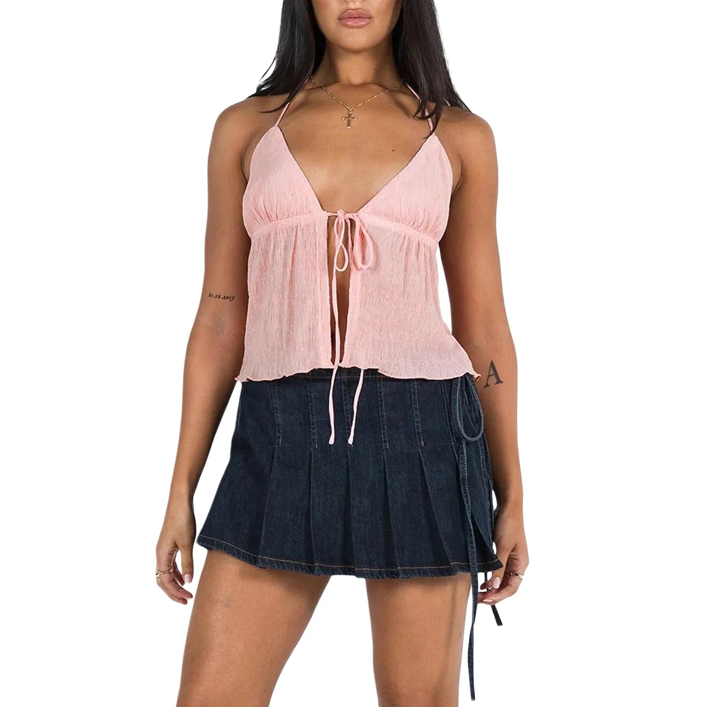 Women Sexy Halterneck Crop Tops Chic Summer Solid Color Bandage Open Front Backless Sleeveless Tank Tops for Club Streetwear Y2K - MAGUSTA BEAUTY