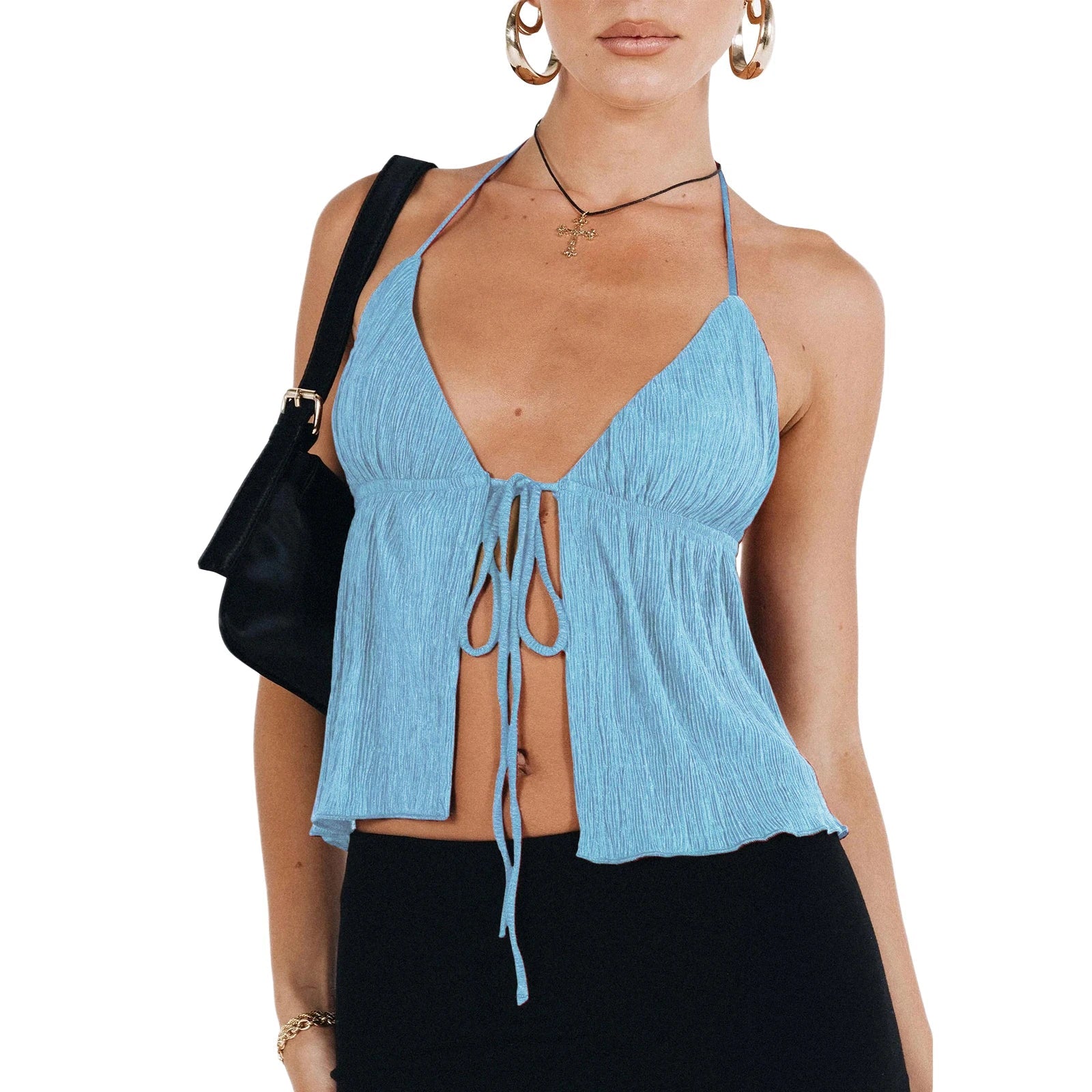 Women Sexy Halterneck Crop Tops Chic Summer Solid Color Bandage Open Front Backless Sleeveless Tank Tops for Club Streetwear Y2K - MAGUSTA BEAUTY