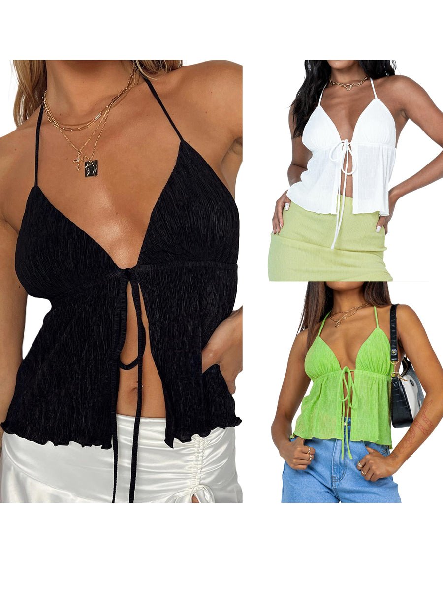 Women Sexy Halterneck Crop Tops Chic Summer Solid Color Bandage Open Front Backless Sleeveless Tank Tops for Club Streetwear Y2K - MAGUSTA BEAUTY