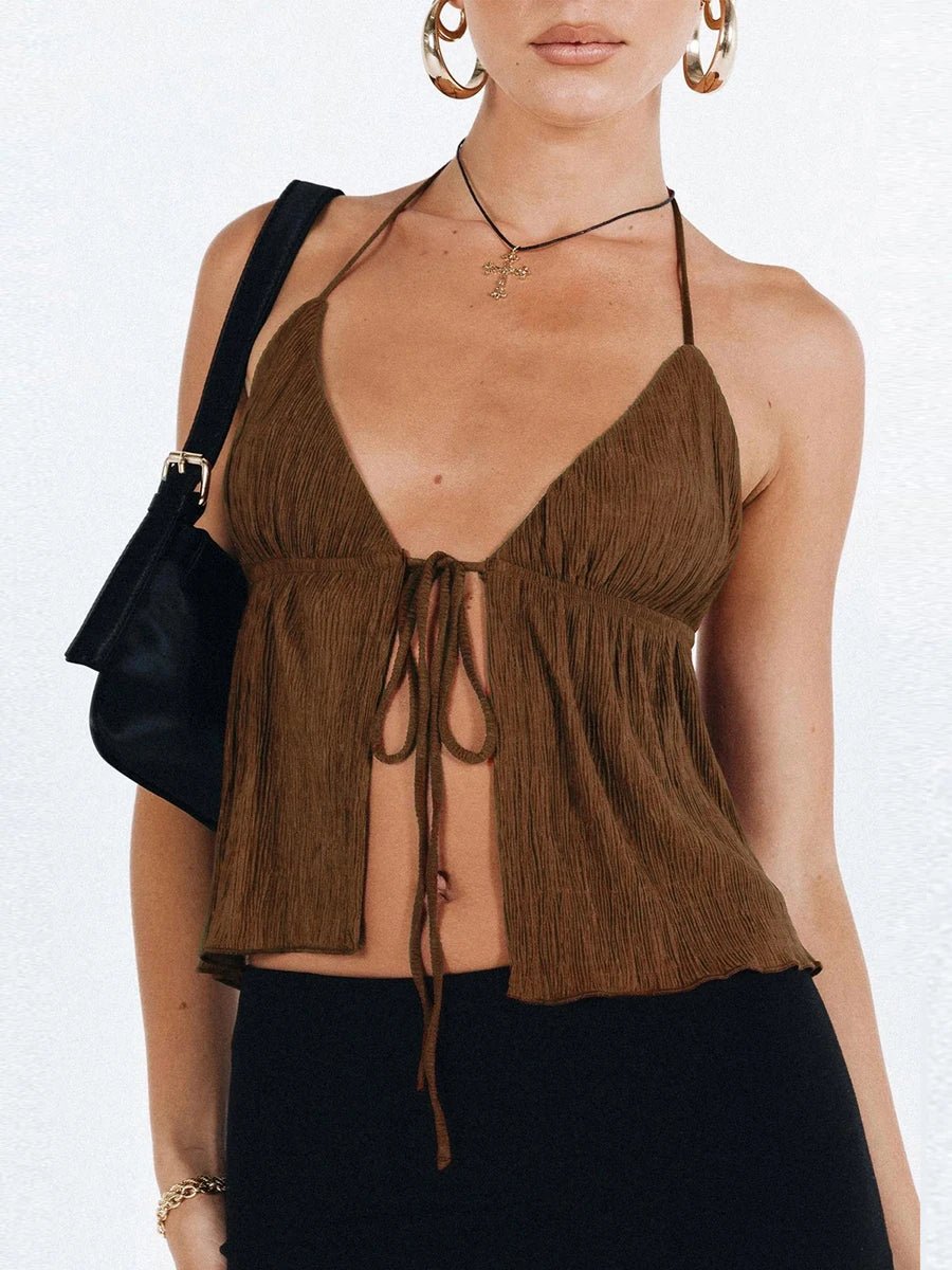 Women Sexy Halterneck Crop Tops Chic Summer Solid Color Bandage Open Front Backless Sleeveless Tank Tops for Club Streetwear Y2K - MAGUSTA BEAUTY