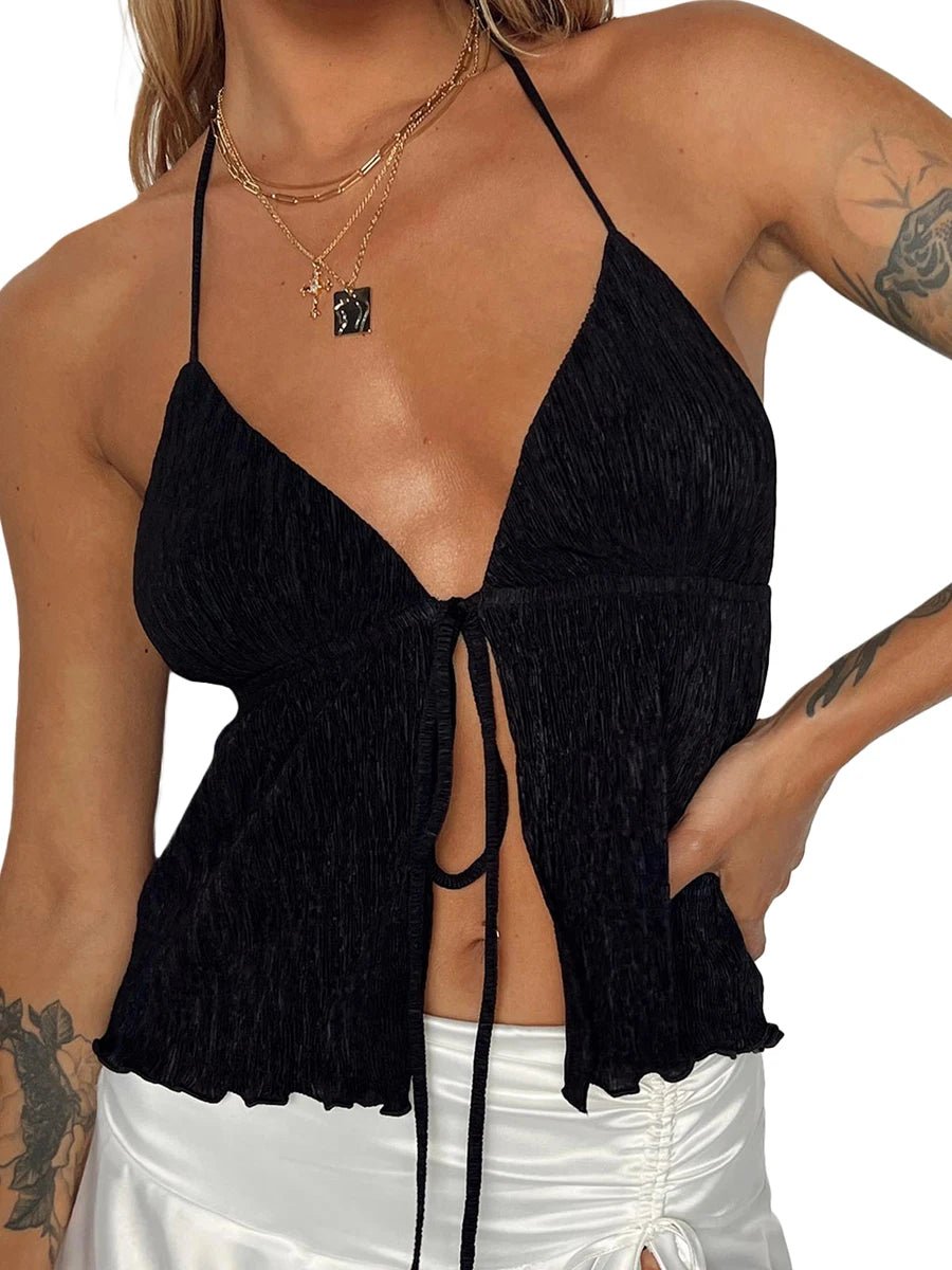 Women Sexy Halterneck Crop Tops Chic Summer Solid Color Bandage Open Front Backless Sleeveless Tank Tops for Club Streetwear Y2K - MAGUSTA BEAUTY
