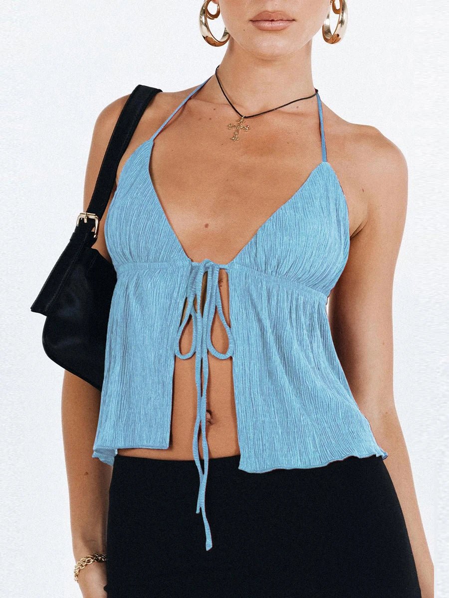 Women Sexy Halterneck Crop Tops Chic Summer Solid Color Bandage Open Front Backless Sleeveless Tank Tops for Club Streetwear Y2K - MAGUSTA BEAUTY