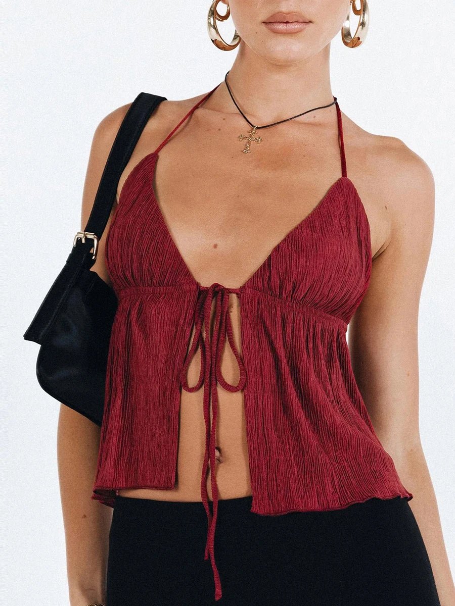 Women Sexy Halterneck Crop Tops Chic Summer Solid Color Bandage Open Front Backless Sleeveless Tank Tops for Club Streetwear Y2K - MAGUSTA BEAUTY