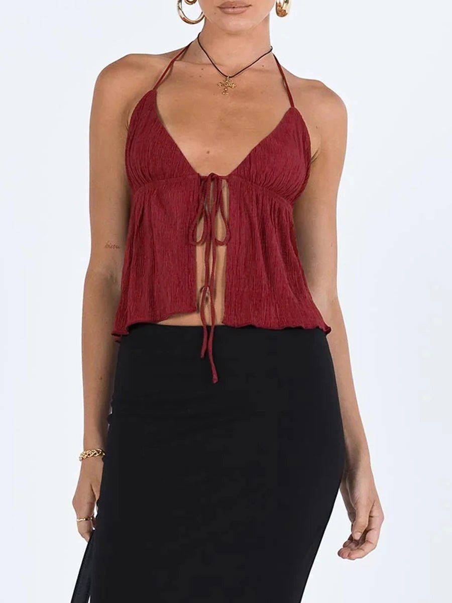 Women Sexy Halterneck Crop Tops Chic Summer Solid Color Bandage Open Front Backless Sleeveless Tank Tops for Club Streetwear Y2K - MAGUSTA BEAUTY