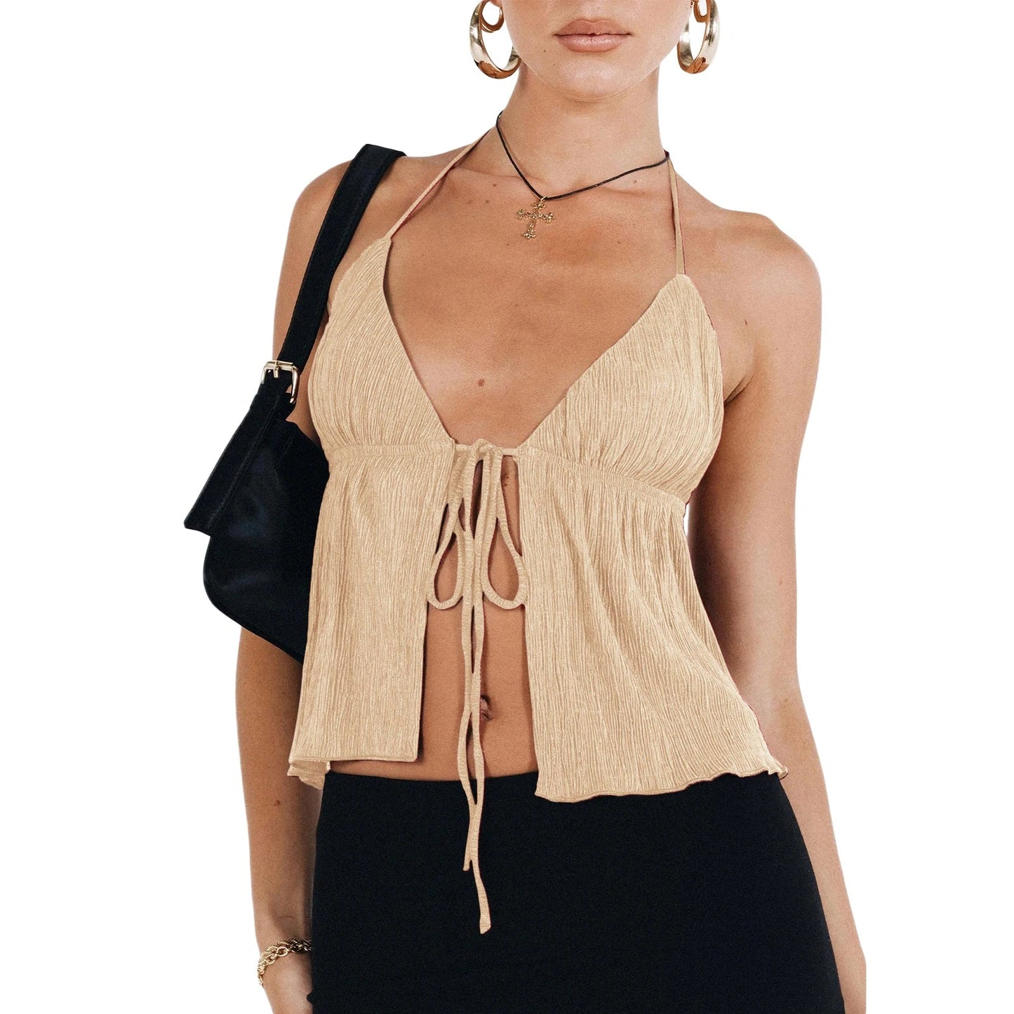 Women Sexy Halterneck Crop Tops Chic Summer Solid Color Bandage Open Front Backless Sleeveless Tank Tops for Club Streetwear Y2K - MAGUSTA BEAUTY