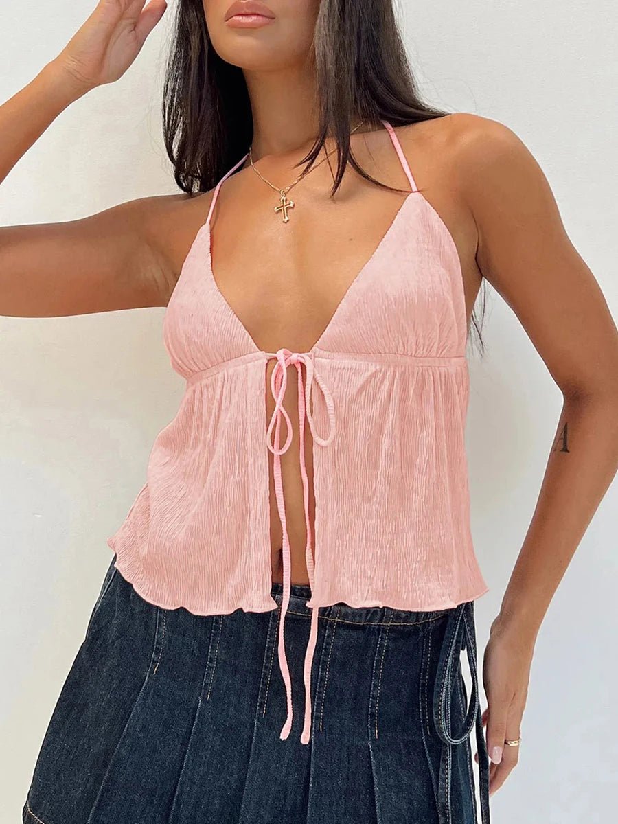 Women Sexy Halterneck Crop Tops Chic Summer Solid Color Bandage Open Front Backless Sleeveless Tank Tops for Club Streetwear Y2K - MAGUSTA BEAUTY