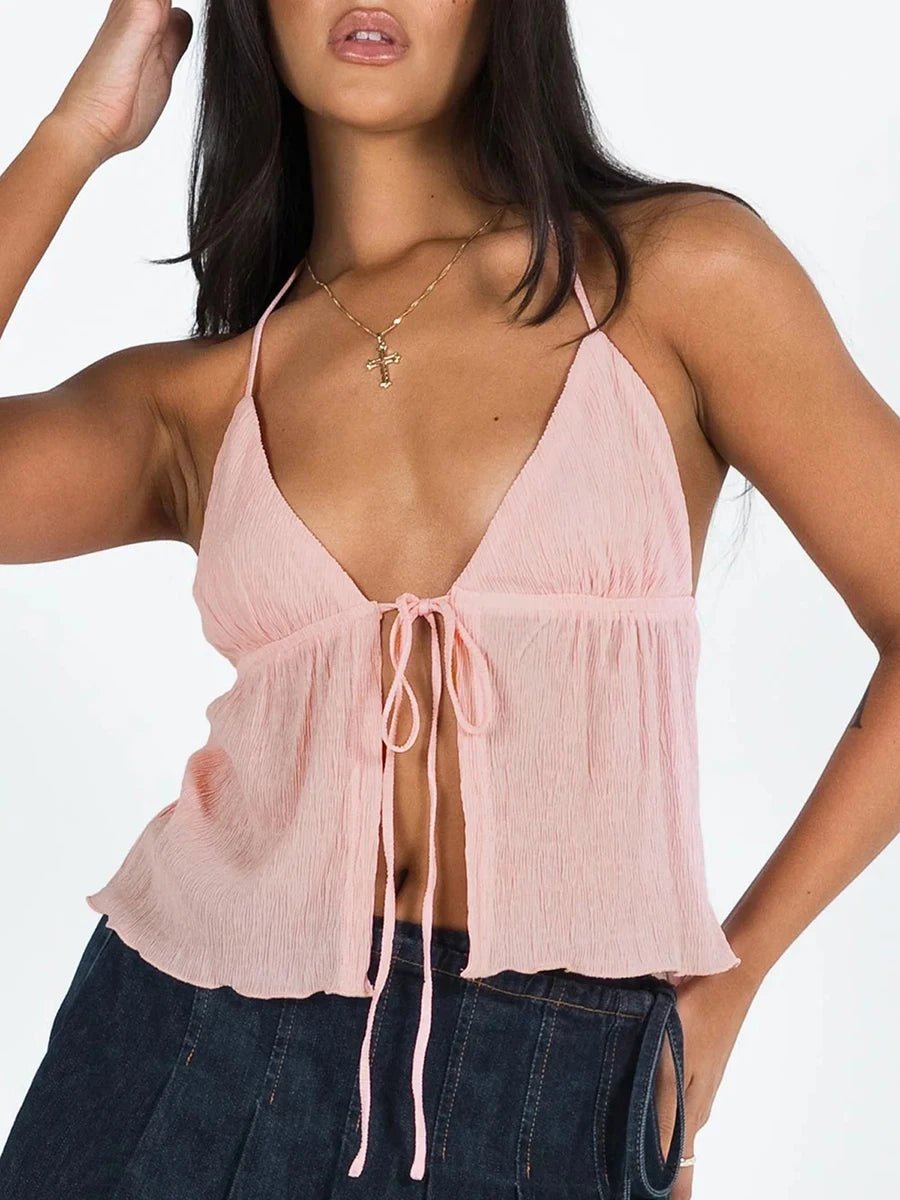 Women Sexy Halterneck Crop Tops Chic Summer Solid Color Bandage Open Front Backless Sleeveless Tank Tops for Club Streetwear Y2K - MAGUSTA BEAUTY