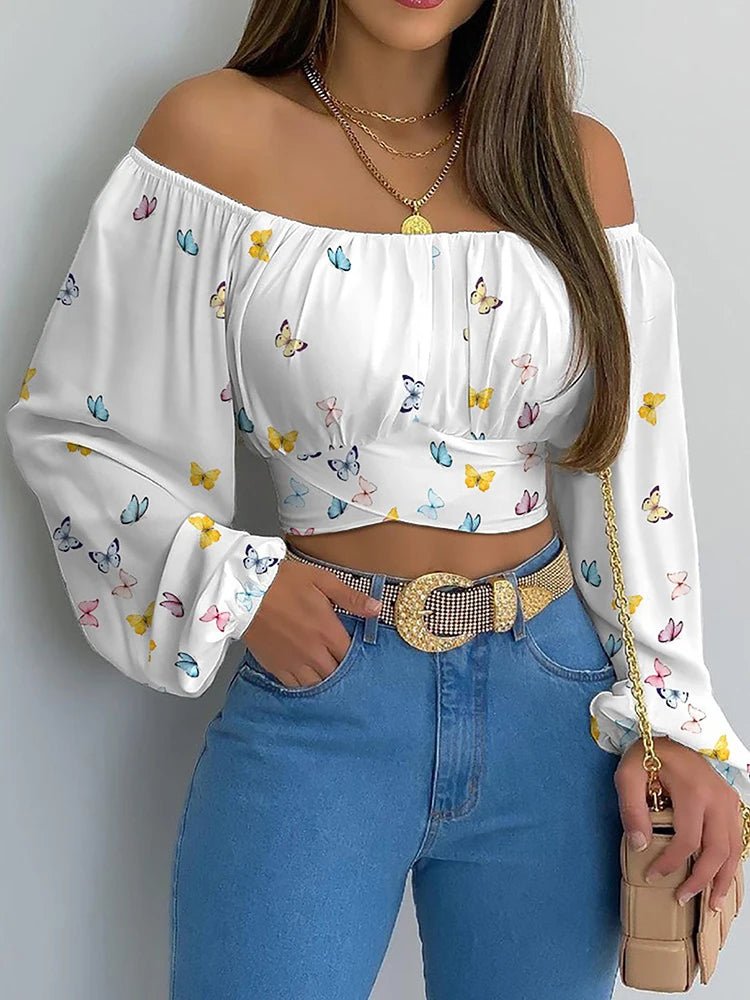Women Sexy Off Shoulder Printing Blouses Chic and Elegant Lantern Long Sleeve Lace Up Bow Cropped Tops Casual Slim Shirts 2023 - MAGUSTA BEAUTY