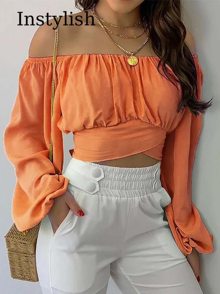 Women Sexy Off Shoulder Printing Blouses Chic and Elegant Lantern Long Sleeve Lace Up Bow Cropped Tops Casual Slim Shirts 2023 - MAGUSTA BEAUTY