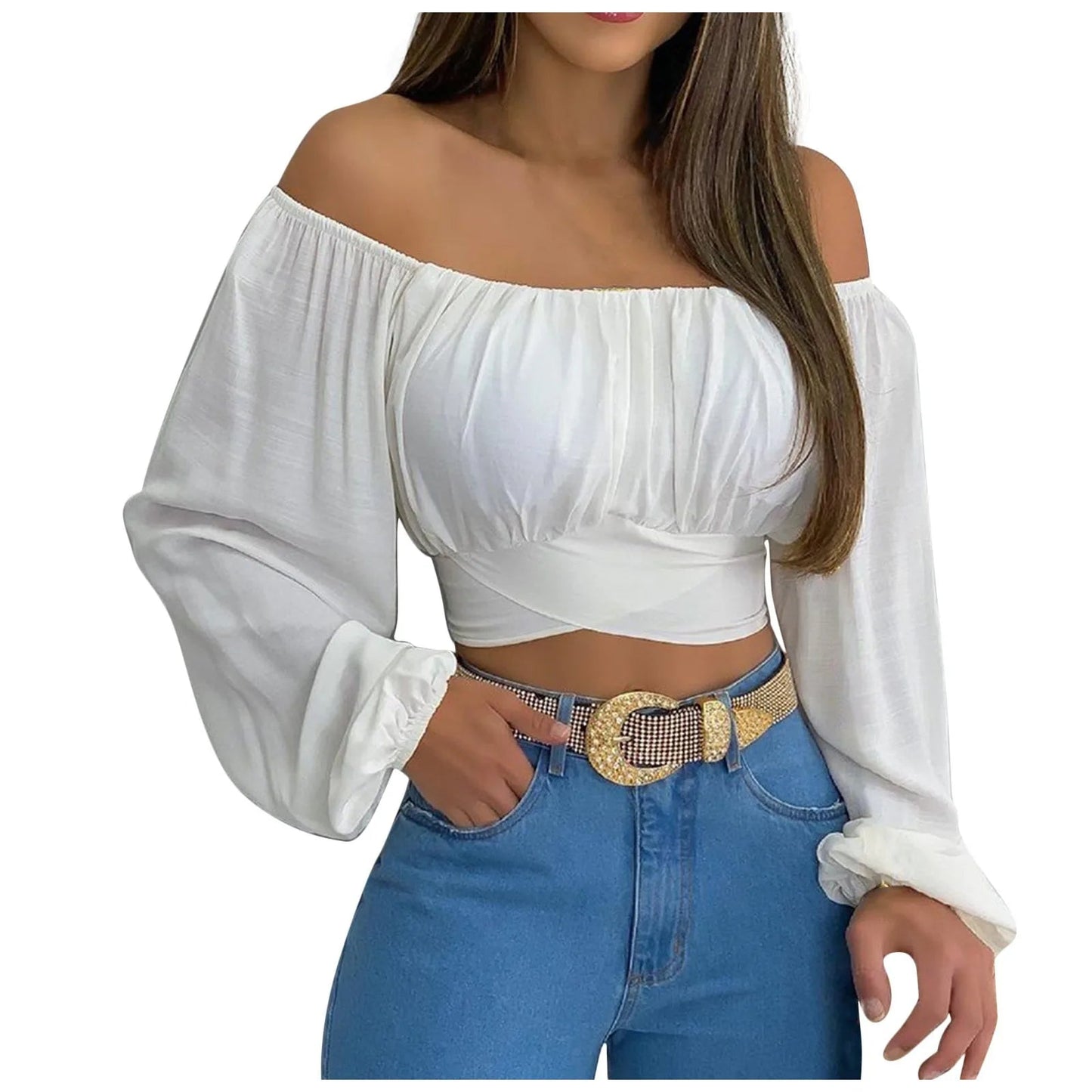 Women Sexy Off Shoulder Printing Blouses Chic and Elegant Lantern Long Sleeve Lace Up Bow Cropped Tops Casual Slim Shirts 2023 - MAGUSTA BEAUTY