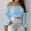Women Sexy Off Shoulder Printing Blouses Chic and Elegant Lantern Long Sleeve Lace Up Bow Cropped Tops Casual Slim Shirts 2023 - MAGUSTA BEAUTY