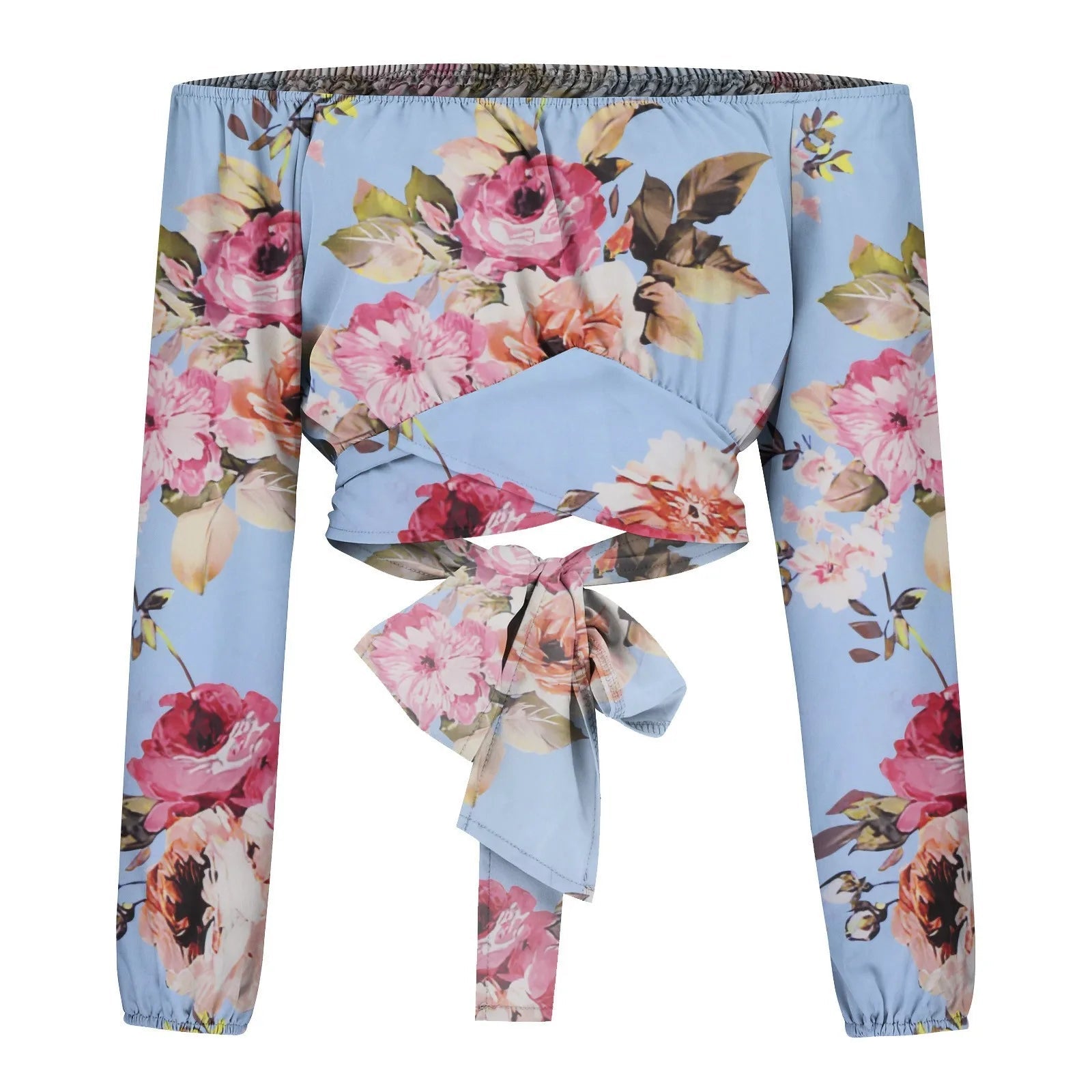 Women Sexy Off Shoulder Printing Blouses Chic and Elegant Lantern Long Sleeve Lace Up Bow Cropped Tops Casual Slim Shirts 2023 - MAGUSTA BEAUTY