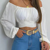 Women Sexy Off Shoulder Printing Blouses Chic and Elegant Lantern Long Sleeve Lace Up Bow Cropped Tops Casual Slim Shirts 2023 - MAGUSTA BEAUTY