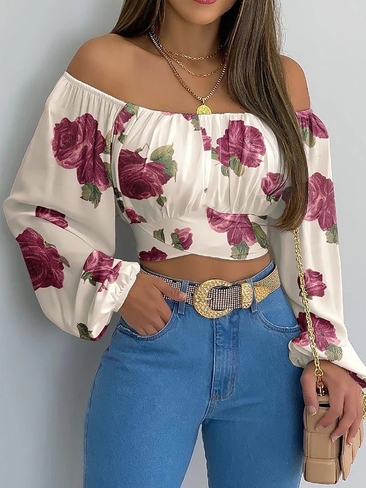 Women Sexy Off Shoulder Printing Blouses Chic and Elegant Lantern Long Sleeve Lace Up Bow Cropped Tops Casual Slim Shirts 2023 - MAGUSTA BEAUTY