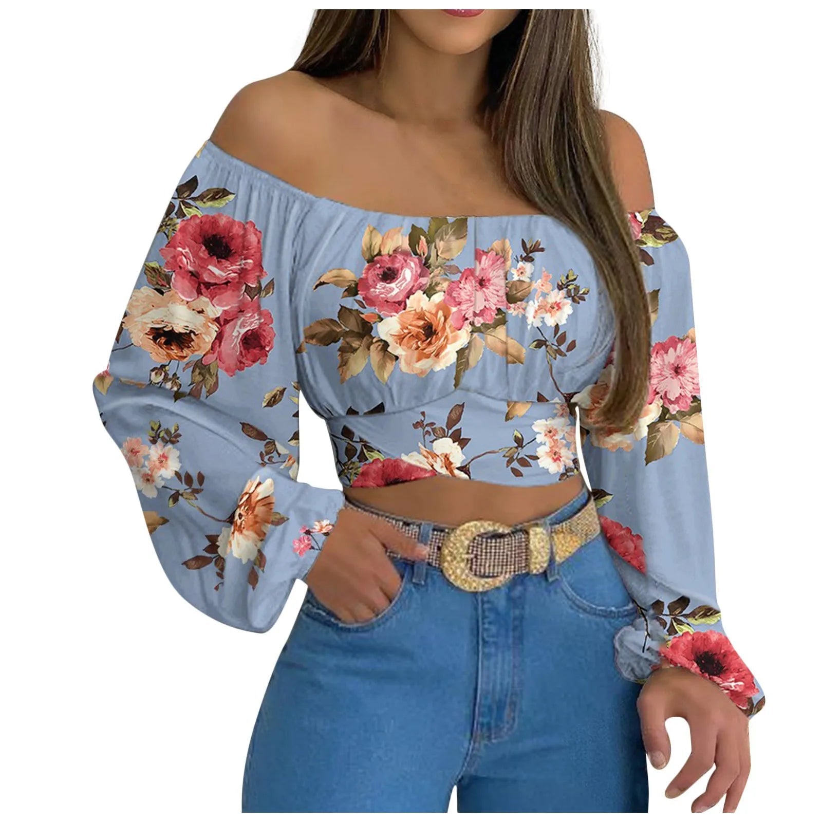 Women Sexy Off Shoulder Printing Blouses Chic and Elegant Lantern Long Sleeve Lace Up Bow Cropped Tops Casual Slim Shirts 2023 - MAGUSTA BEAUTY