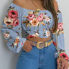 Women Sexy Off Shoulder Printing Blouses Chic and Elegant Lantern Long Sleeve Lace Up Bow Cropped Tops Casual Slim Shirts 2023 - MAGUSTA BEAUTY