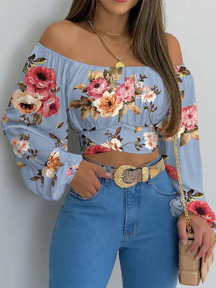 Women Sexy Off Shoulder Printing Blouses Chic and Elegant Lantern Long Sleeve Lace Up Bow Cropped Tops Casual Slim Shirts 2023 - MAGUSTA BEAUTY