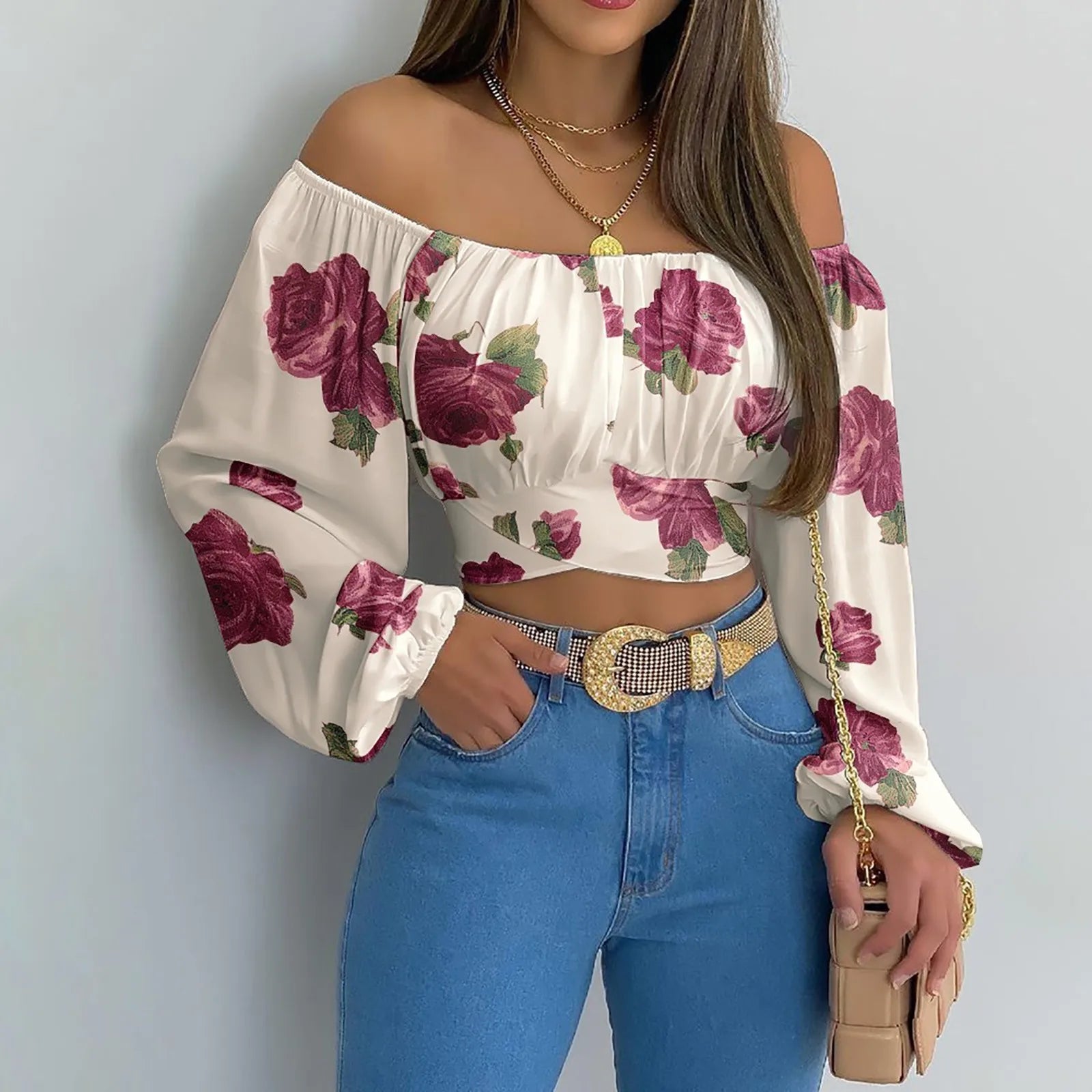 Women Sexy Off Shoulder Printing Blouses Chic and Elegant Lantern Long Sleeve Lace Up Bow Cropped Tops Casual Slim Shirts 2023 - MAGUSTA BEAUTY