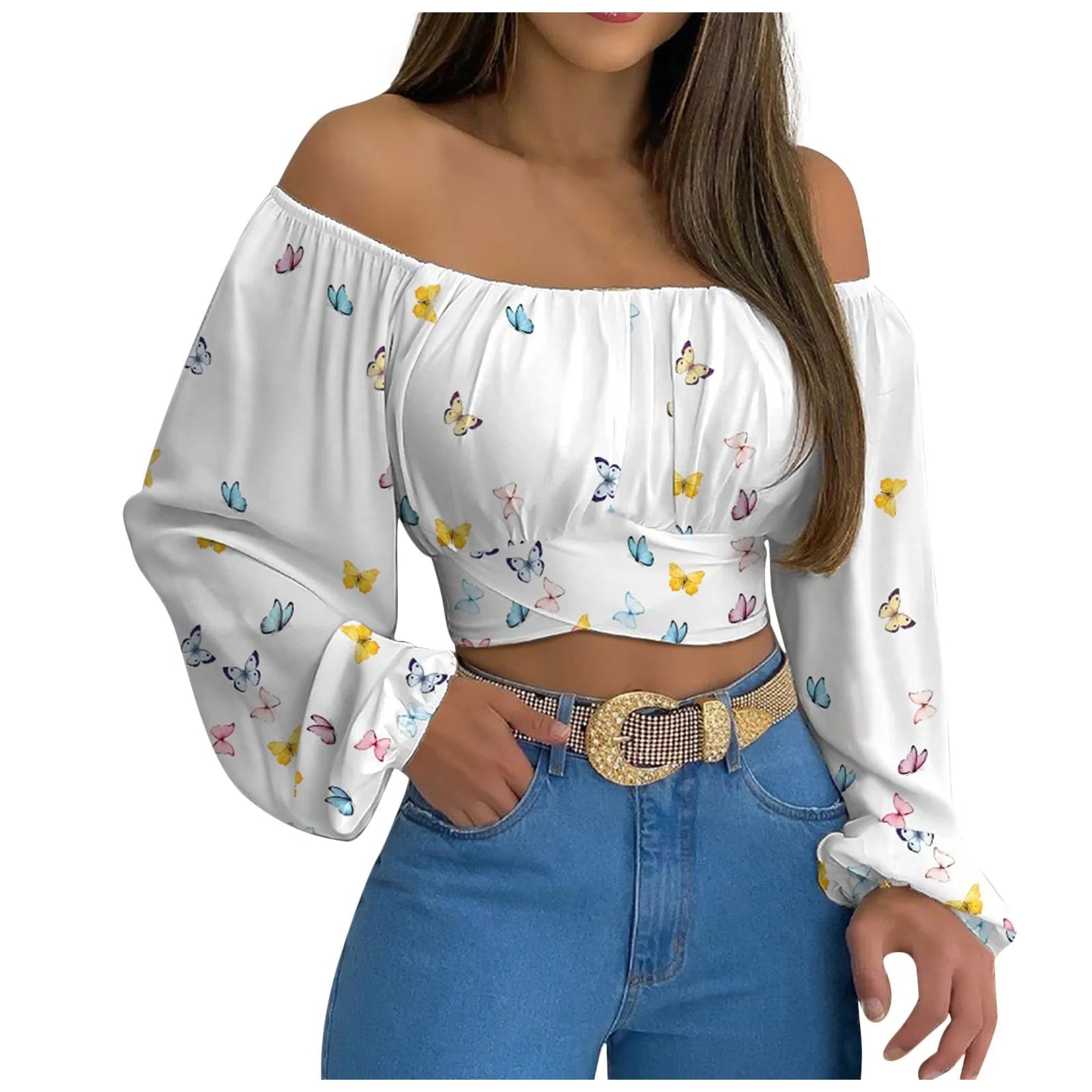Women Sexy Off Shoulder Printing Blouses Chic and Elegant Lantern Long Sleeve Lace Up Bow Cropped Tops Casual Slim Shirts 2023 - MAGUSTA BEAUTY
