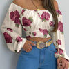 Women Sexy Off Shoulder Printing Blouses Chic and Elegant Lantern Long Sleeve Lace Up Bow Cropped Tops Casual Slim Shirts 2023 - MAGUSTA BEAUTY