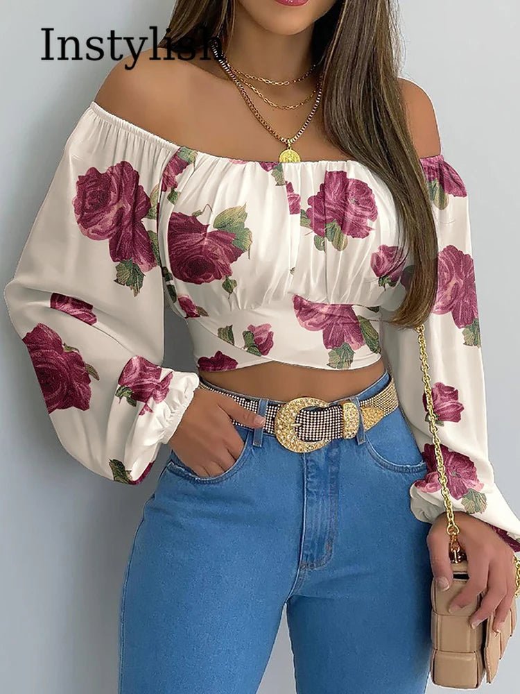 Women Sexy Off Shoulder Printing Blouses Chic and Elegant Lantern Long Sleeve Lace Up Bow Cropped Tops Casual Slim Shirts 2023 - MAGUSTA BEAUTY